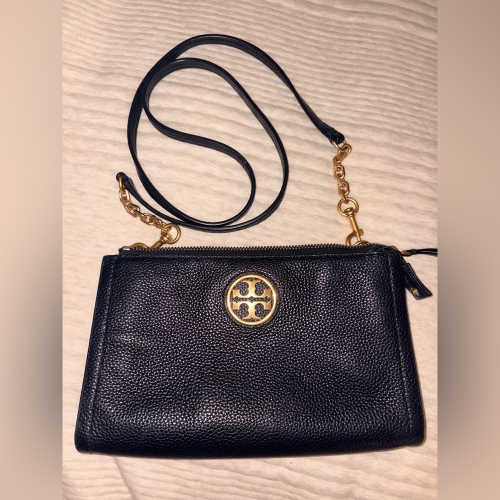 Tory Burch Black Pebbled Leather Crossbody Bag with Gold Logo